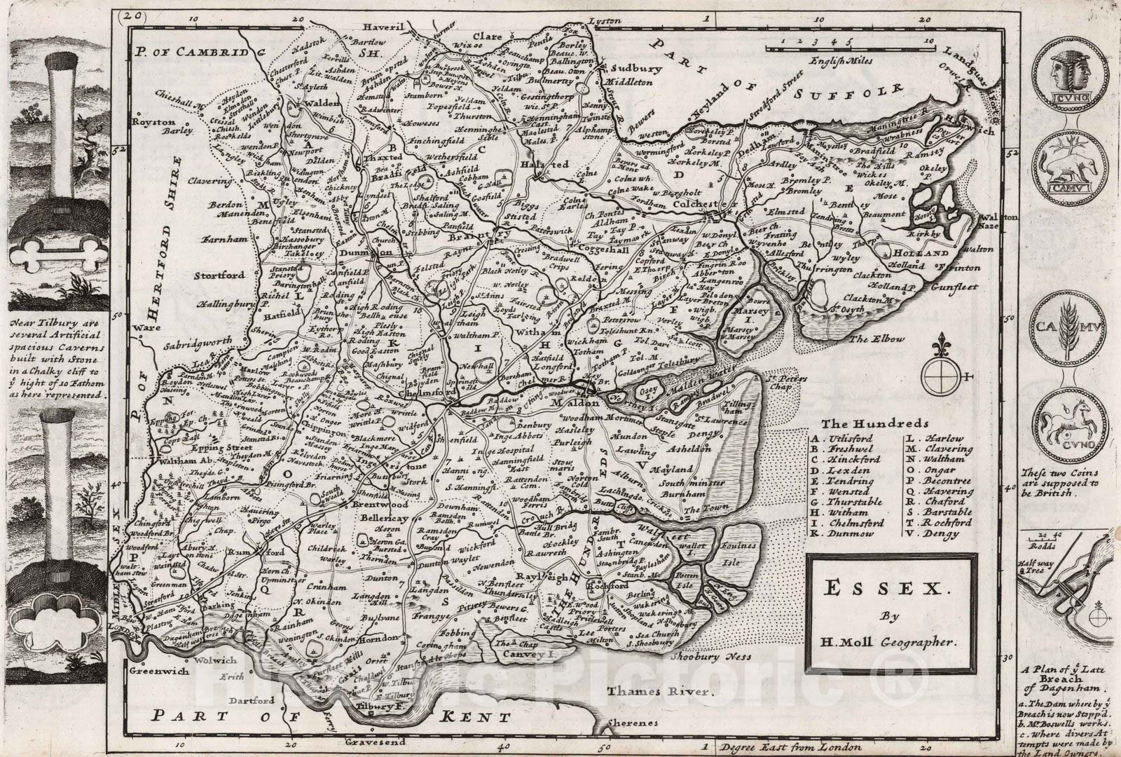 Historic Map : Essex. By H. Moll Geographer 1724 - Vintage Wall Art