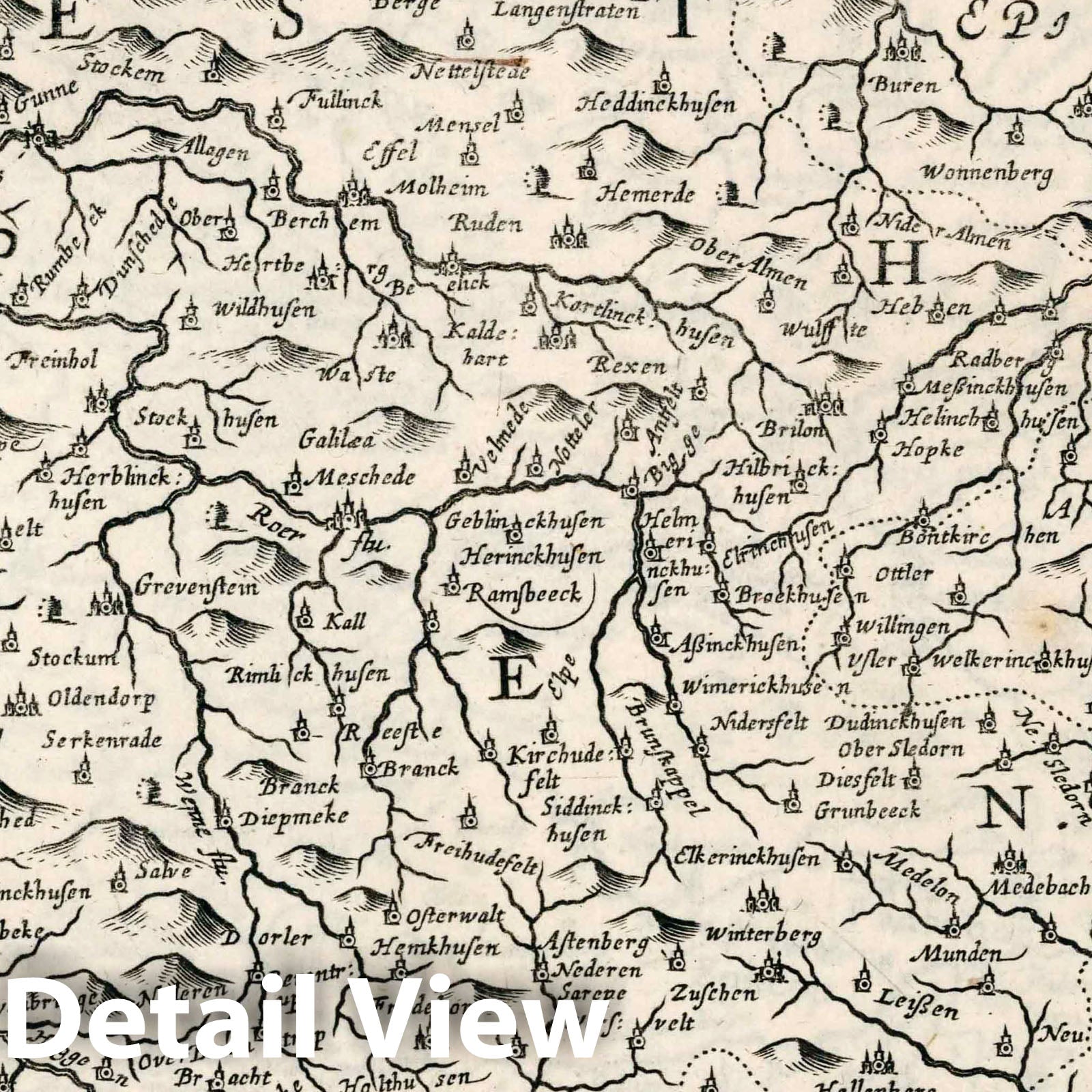 Westphalia, Germany - River Map, 1636 - Historical Map Print