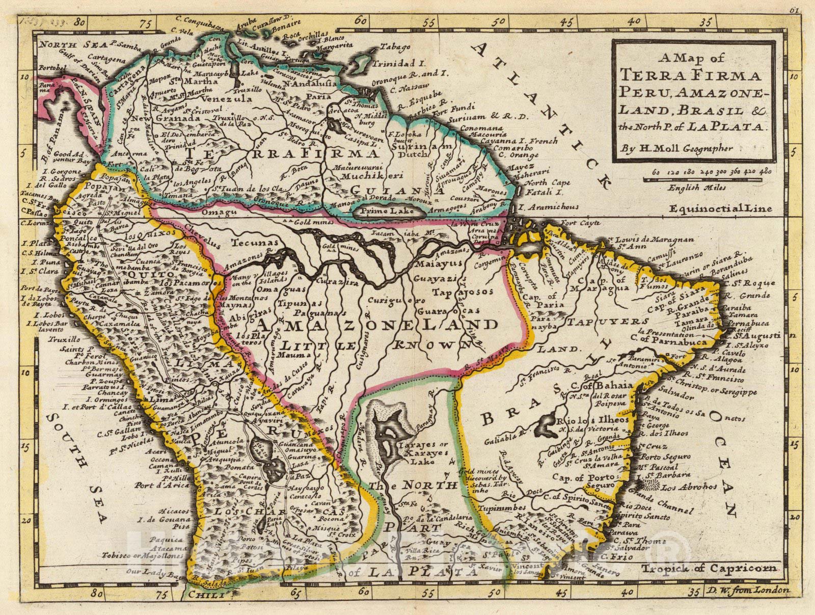 Historic Map : Map of Terra Firma, Peru, Amazone-Land, Brasil, 1736 - Vintage Wall Art