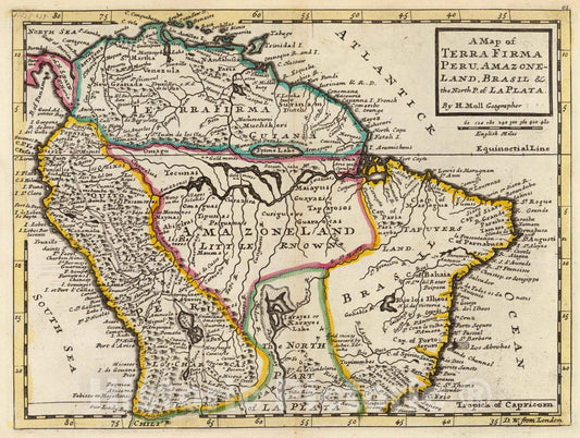 Historic Map : Map of Terra Firma, Peru, Amazone-Land, Brasil, 1736 - Vintage Wall Art