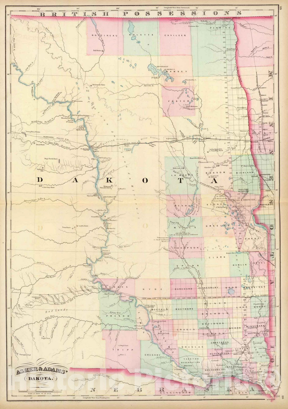 Historic Wall Map : Dakota. 1874 - Vintage Wall Art