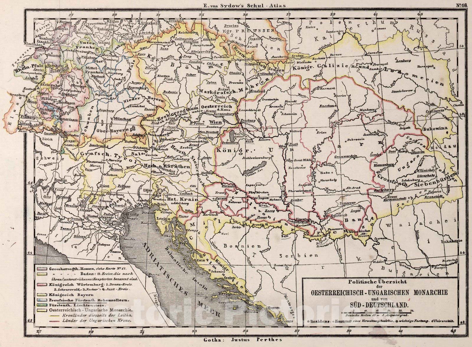 Austro-Hungarian Empire and South Germany, 1872 - Historical Map Print