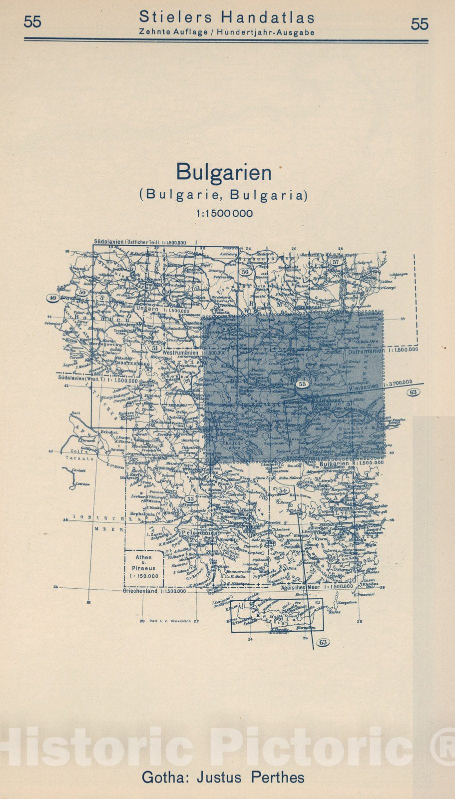 Historic Map : Index Map: 55. Bulgarien. Bulgaria, 1925 - Vintage Wall Art