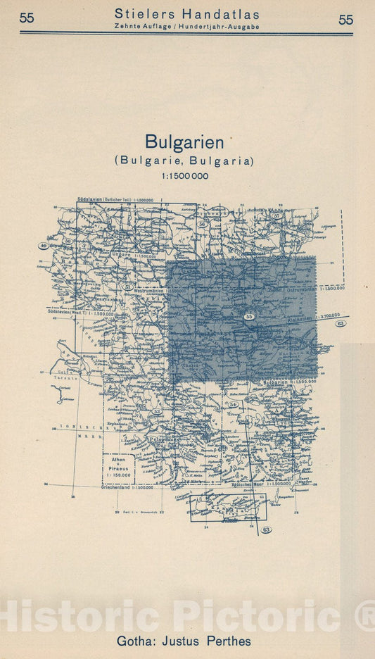Historic Map : Index Map: 55. Bulgarien. Bulgaria, 1925 - Vintage Wall Art