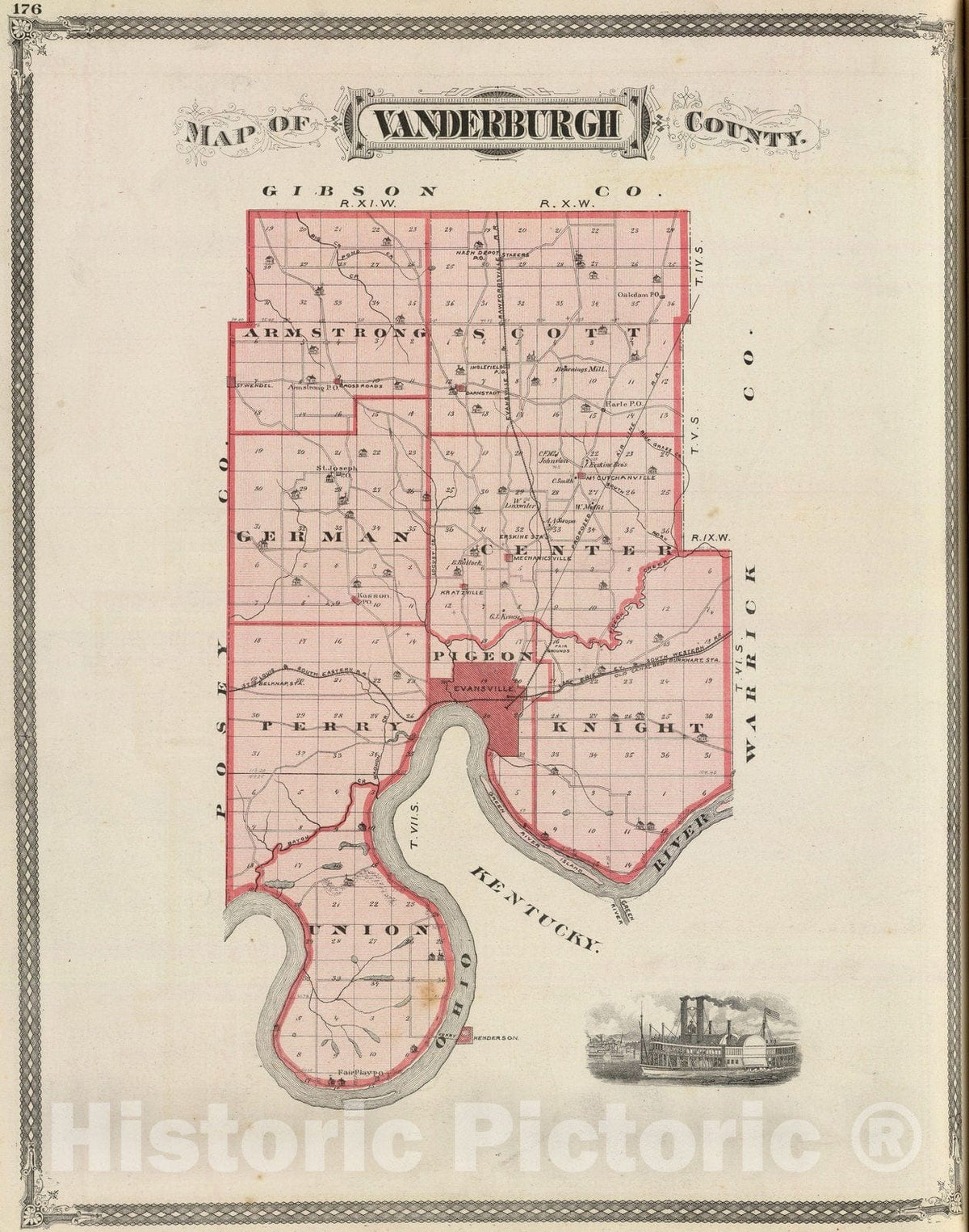 Vanderburgh County - Railroad Map, 1876 - Historical Map Print