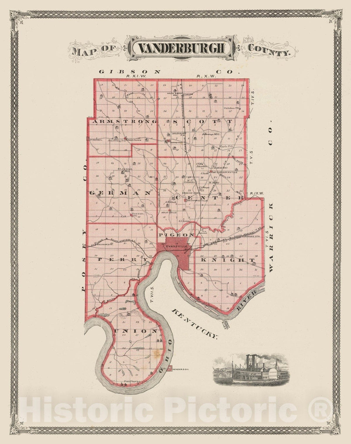 Historic Map - Map of Vanderburgh County, 1876 - Vintage Wall Art