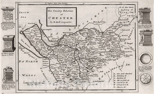Historic Map : The County of palatine Chester. By H. Moll Geographer 1724 - Vintage Wall Art