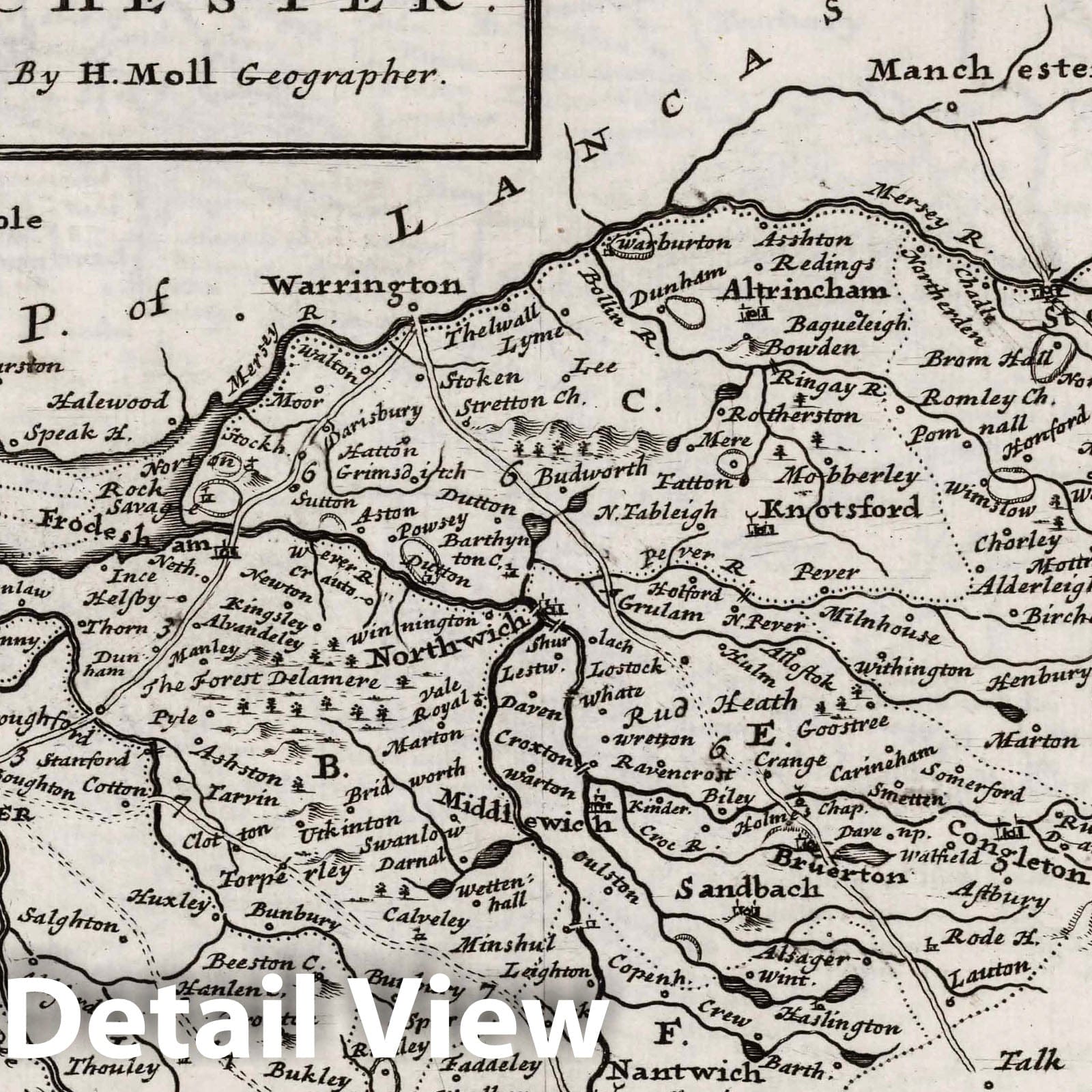Cheshire, England - Road Map, 1724 by Herman Moll