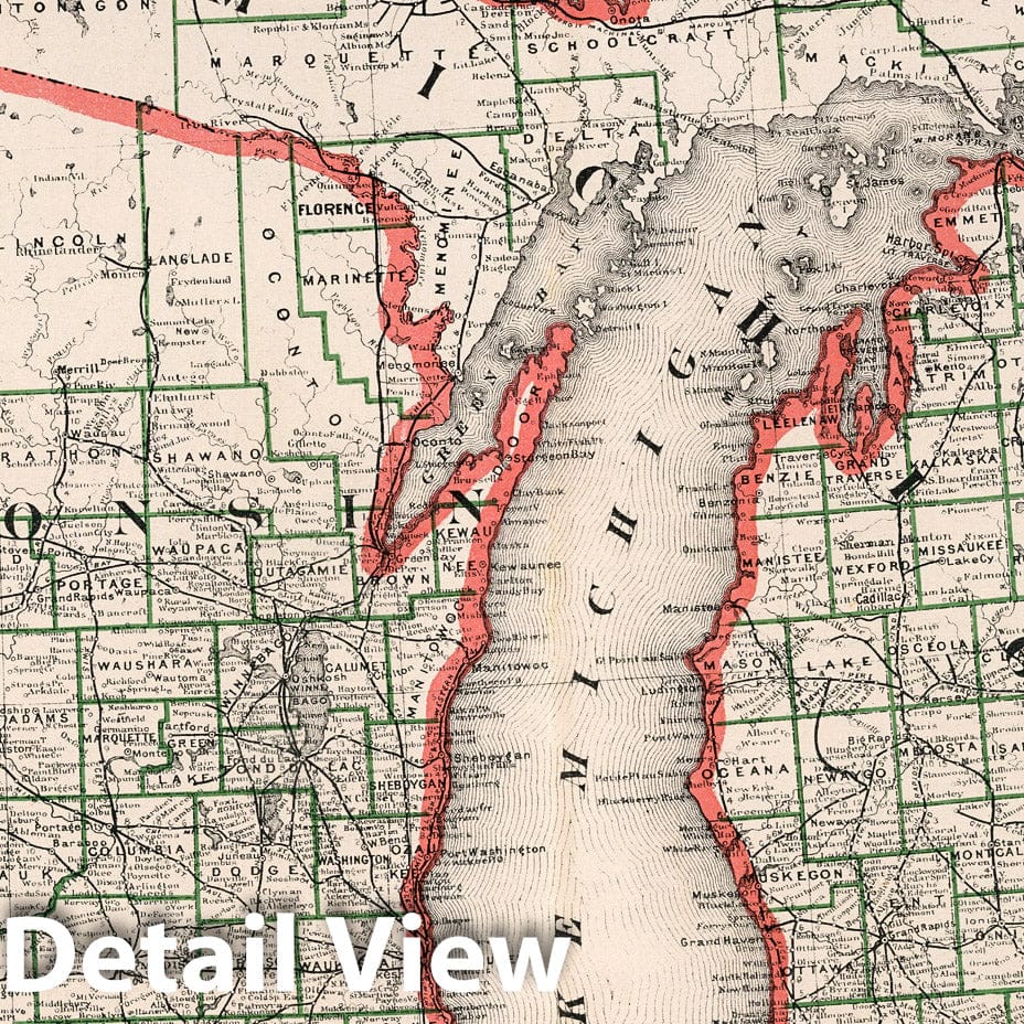 Michigan and Wisconsin - Railroad Map, 1883 - Historical Map Print