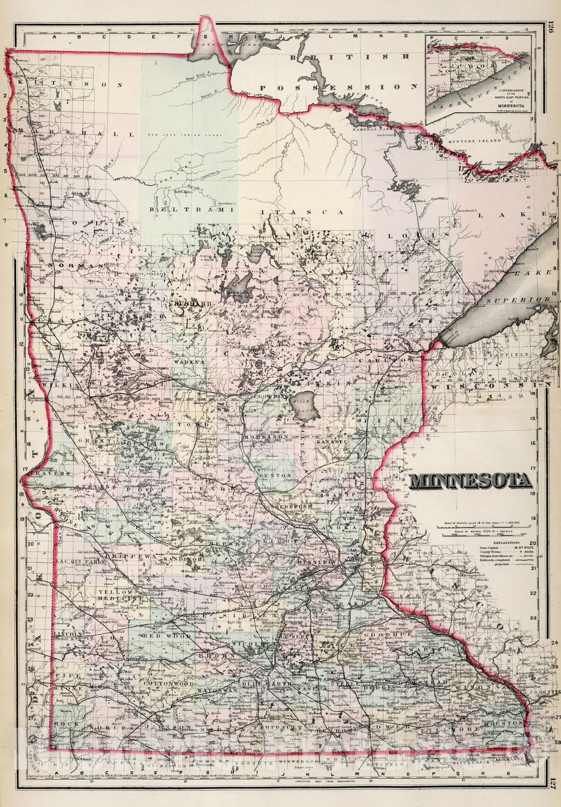 Historic Map : Minnesota. 1867 - Vintage Wall Art