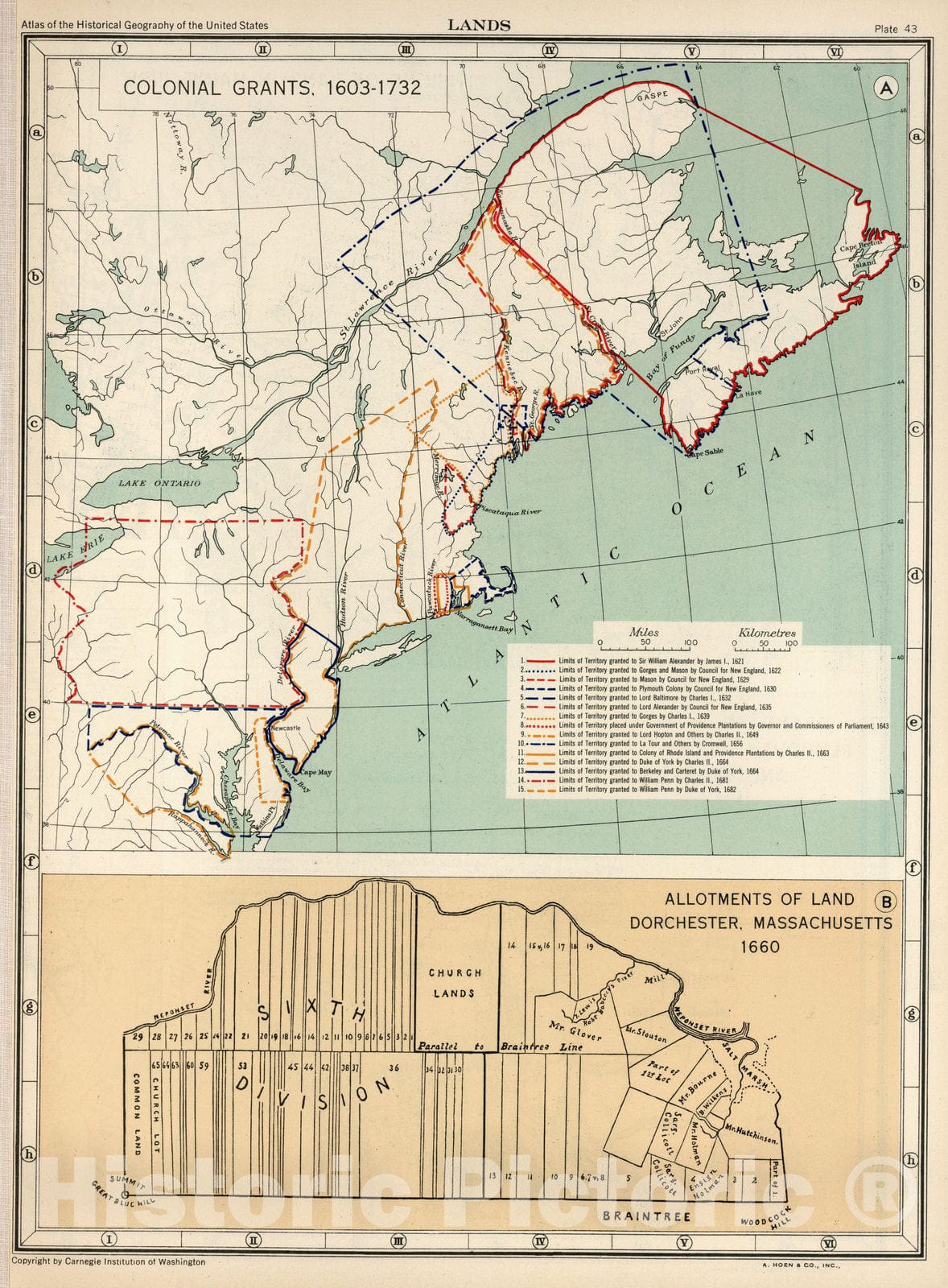 Historic Map : Historical Atlas Map, Plate 43. Lands. Colonial Grants, 1603-1732. 1732 - Vintage Wall Art