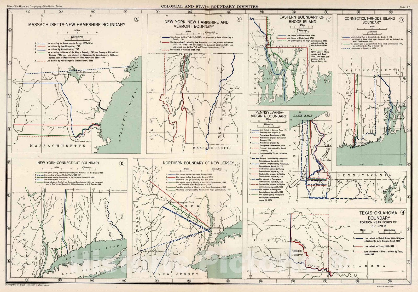 Historic Map : Historical Atlas Map, Plate 97. Colonial and State Boundary Disputes. 1932 - Vintage Wall Art