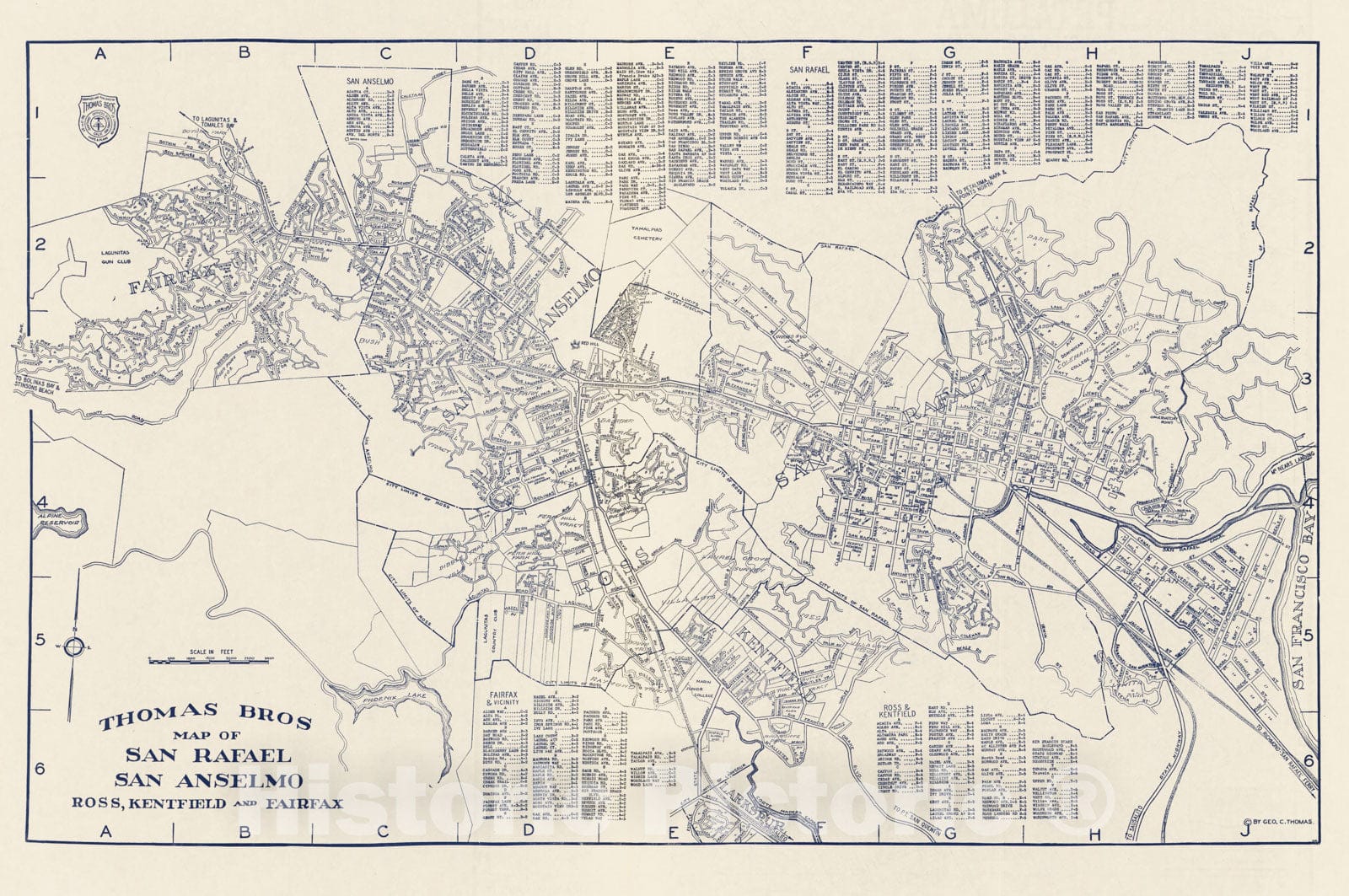 Historic Map : Thomas Bros Map of San Rafael, San Anselmo, Ross, Kentfield and Fairfax, California, 1938 - Vintage Wall Art