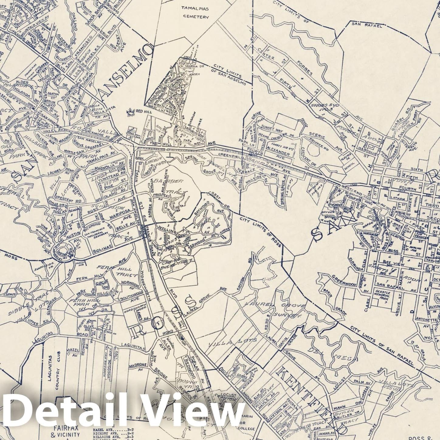 Historic Map : Thomas Bros Map of San Rafael, San Anselmo, Ross, Kentfield and Fairfax, California, 1938 - Vintage Wall Art