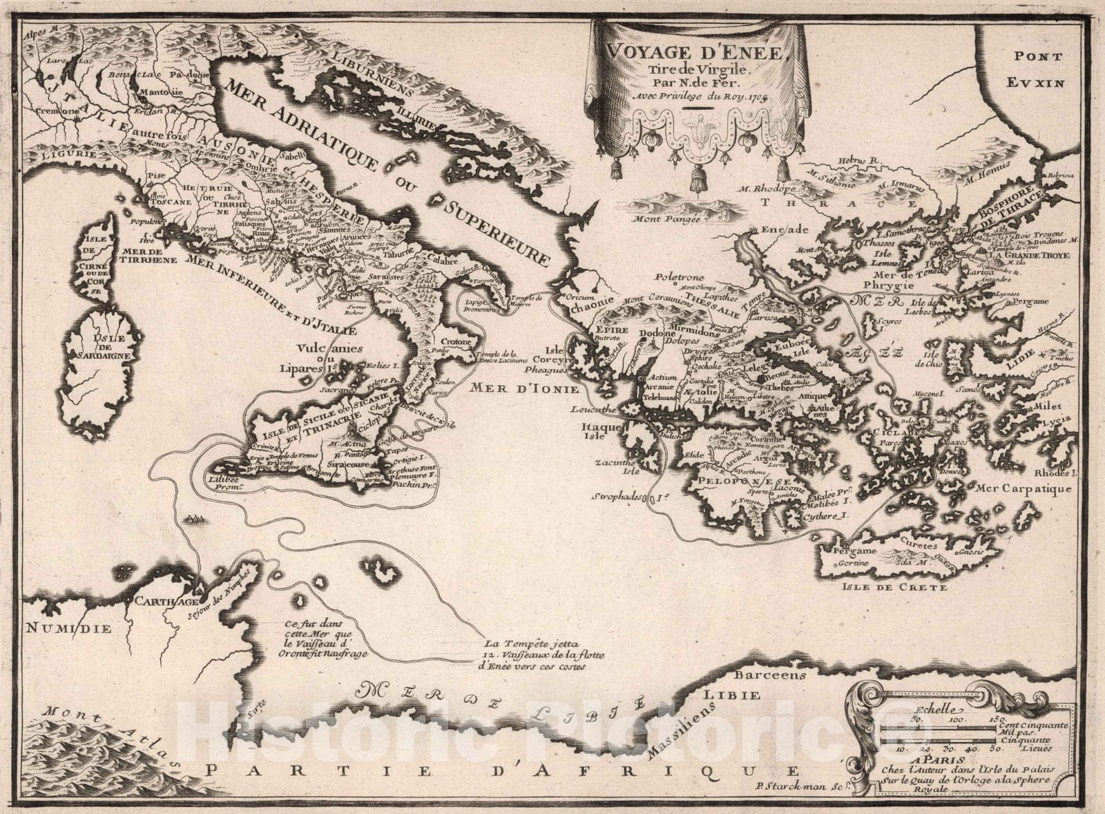 Historic Map : World Atlas Map, Voyage d'Enee. 1705 - Vintage Wall Art