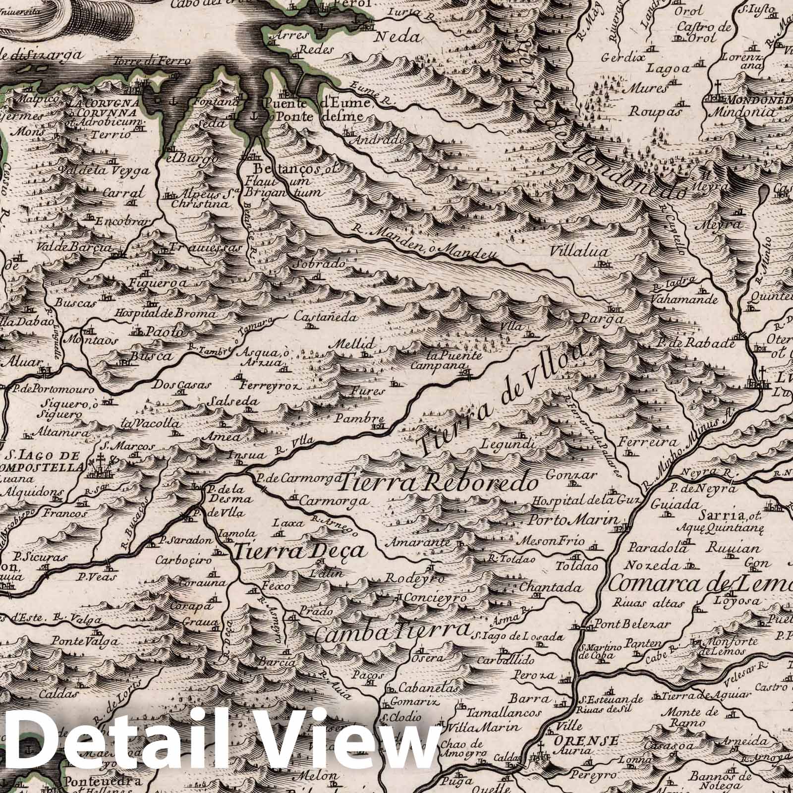Galicia, Spain - River Map, 1696 - Historical Map Print