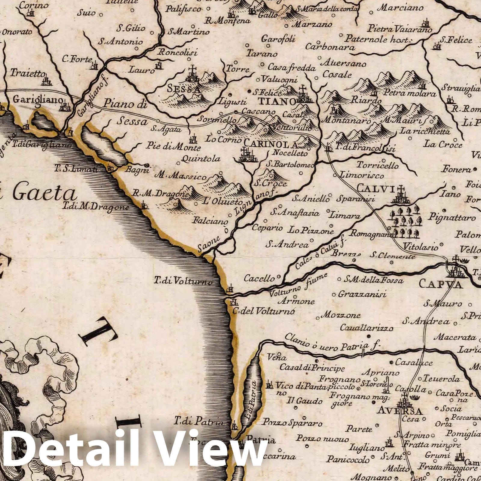 Terra di Lavoro, Italy - River Map, 1714 - De Rossi Historical Map Print