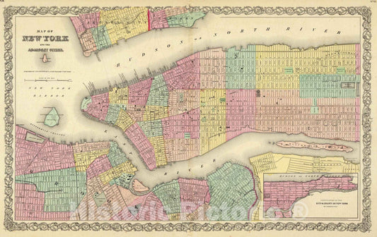 Historic Map : Map of New York And The Adjacent Cities, 1856 - Vintage Wall Art