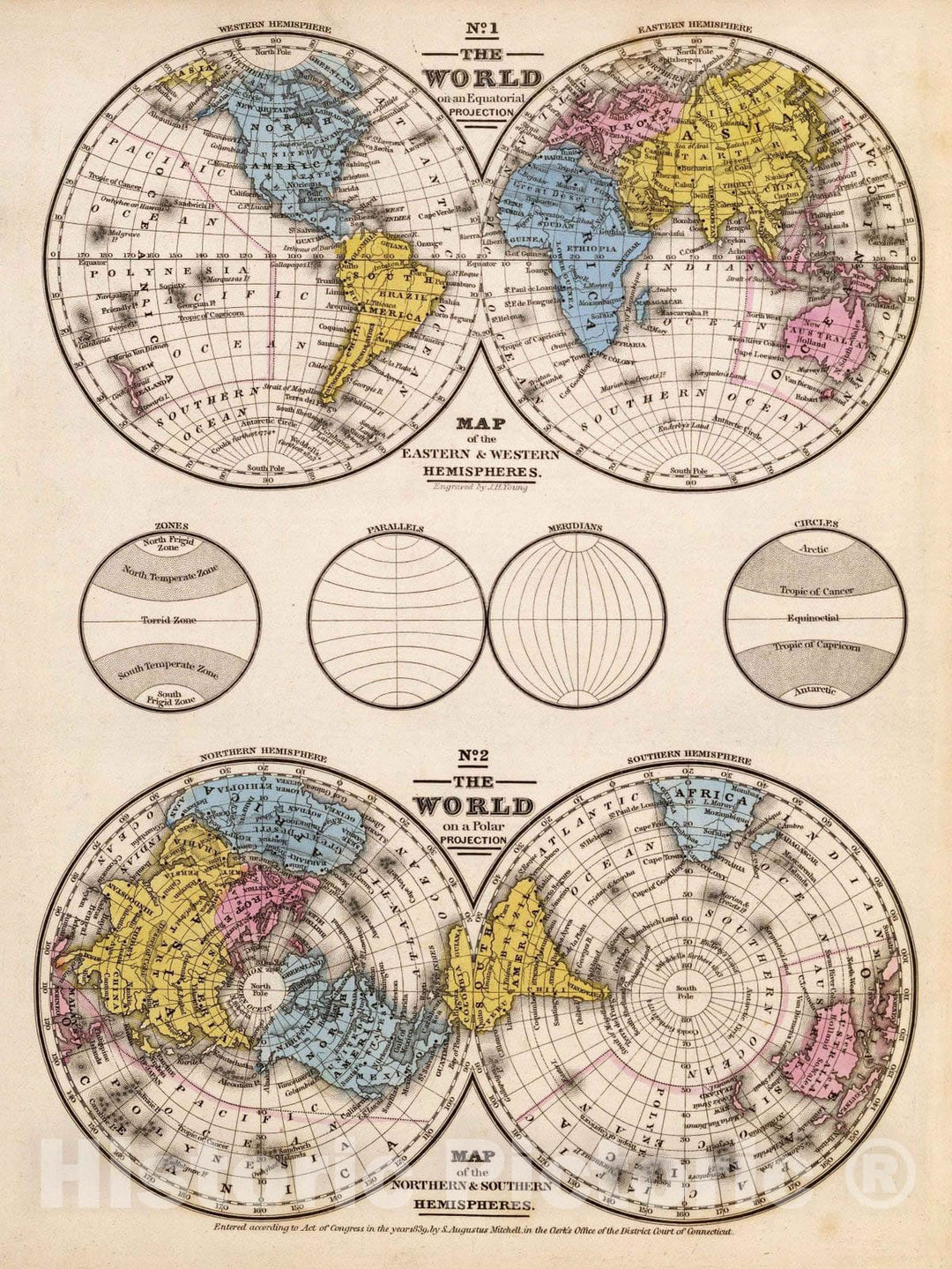 Historic Map : School Atlas Map, World Equatorial Projection and Polar Projection. 1839 - Vintage Wall Art