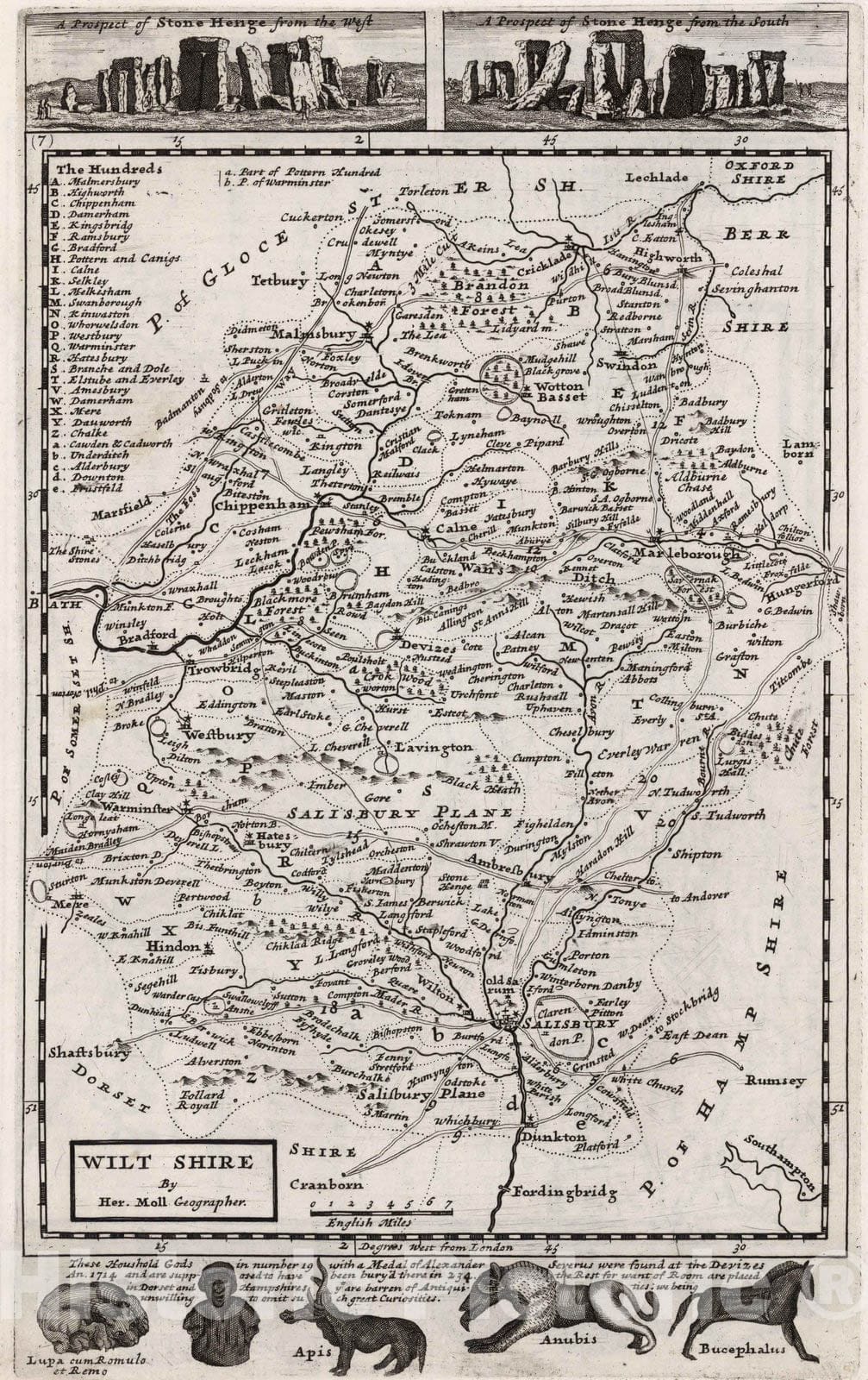 Historic Map : Wilt Shire. By H.Moll Geographer 1724 - Vintage Wall Art