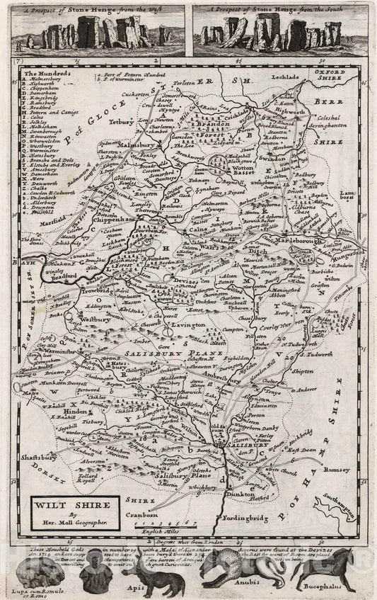 Historic Map : Wilt Shire. By H.Moll Geographer 1724 - Vintage Wall Art