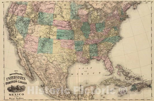 Historic Map : New railroad map of the United States. Canada, Mexico and the West Indies, 1875 - Vintage Wall Art