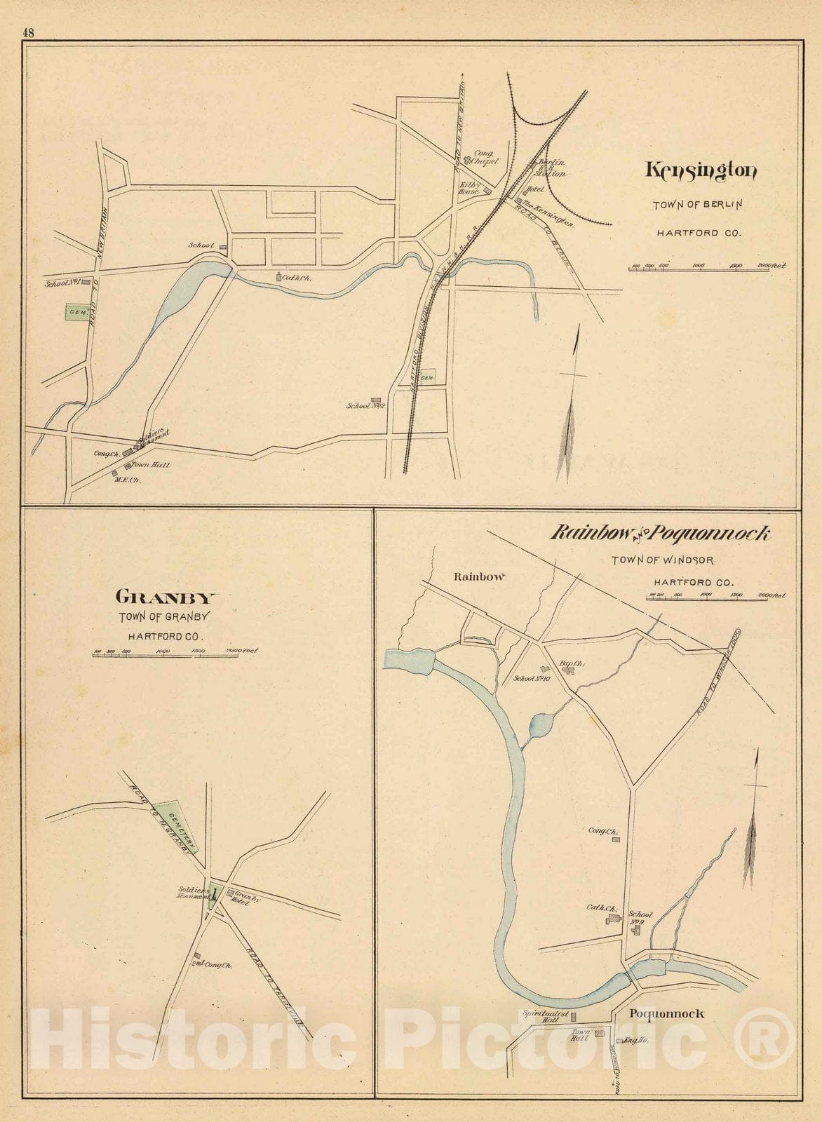Historic Map : State Atlas Map, Kensington, Granby, Rainbow, Poquonnock. 1893 - Vintage Wall Art