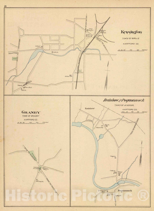 Historic Map : State Atlas Map, Kensington, Granby, Rainbow, Poquonnock. 1893 - Vintage Wall Art