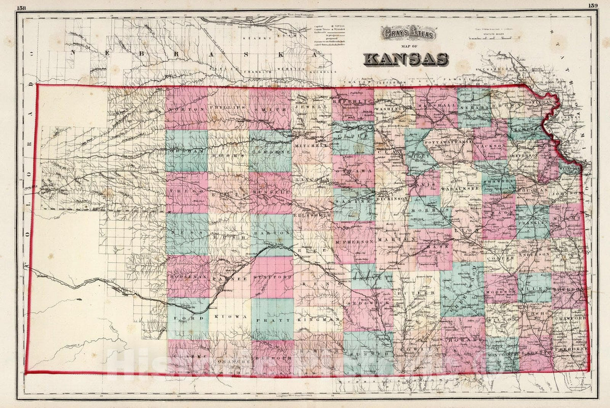 Historic Map : World Atlas Map, Kansas. 1873 - Vintage Wall Art