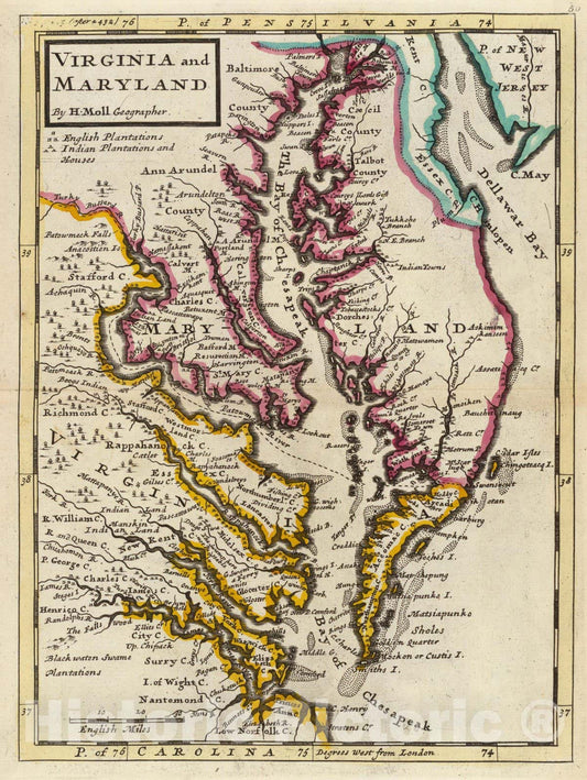 Historic Map : World Atlas Map, Virginia and Maryland. 1736 - Vintage Wall Art