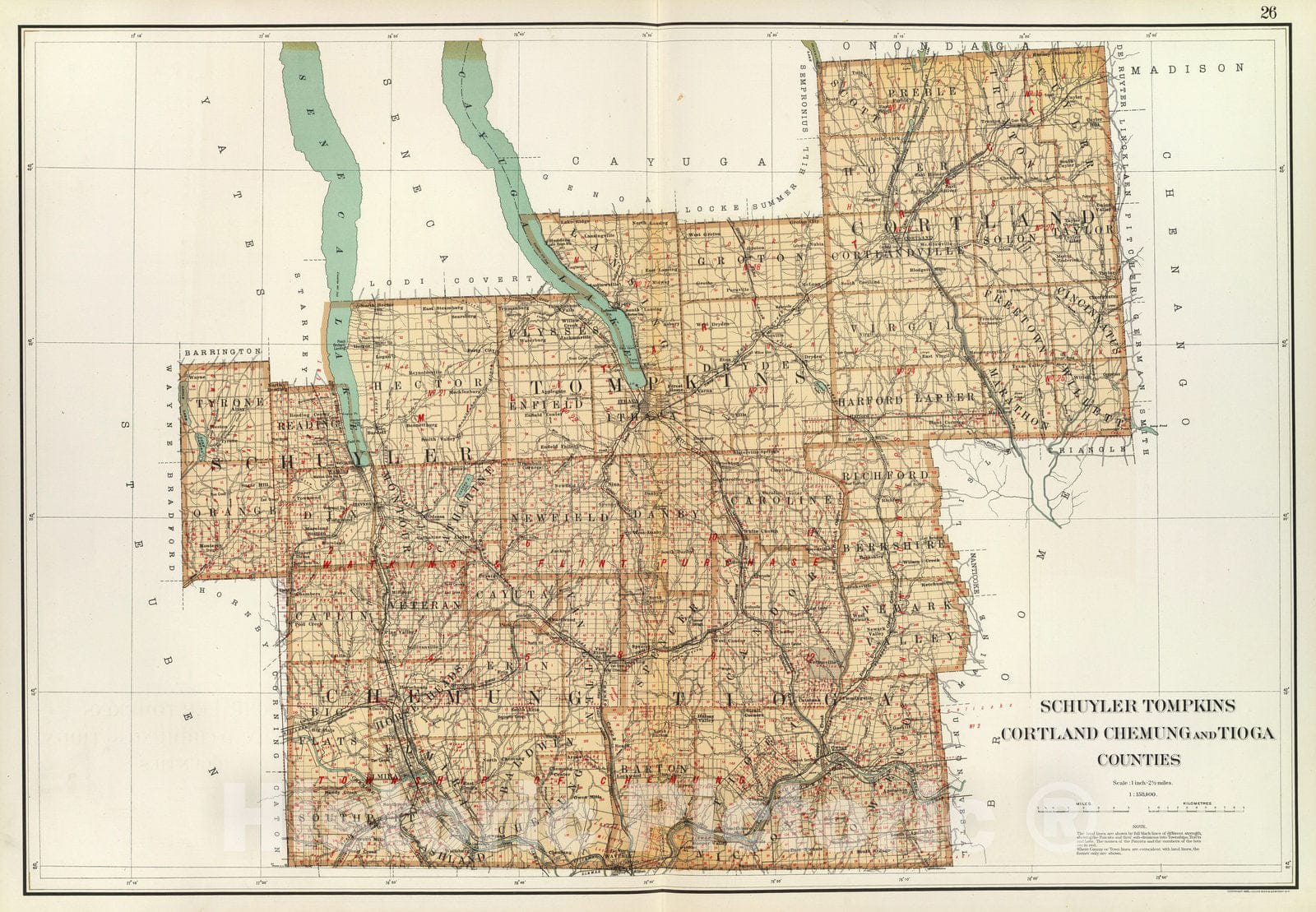 Historic Map : State Atlas Map, Schuyler, Tompkins, Cortland, Chemung, Tioga counties. 1895 - Vintage Wall Art