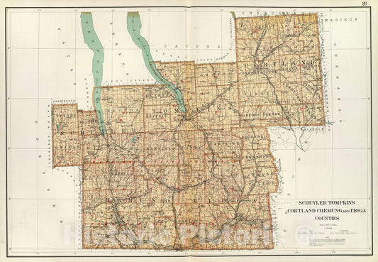 Historic Map : State Atlas Map, Schuyler, Tompkins, Cortland, Chemung, Tioga counties. 1895 - Vintage Wall Art