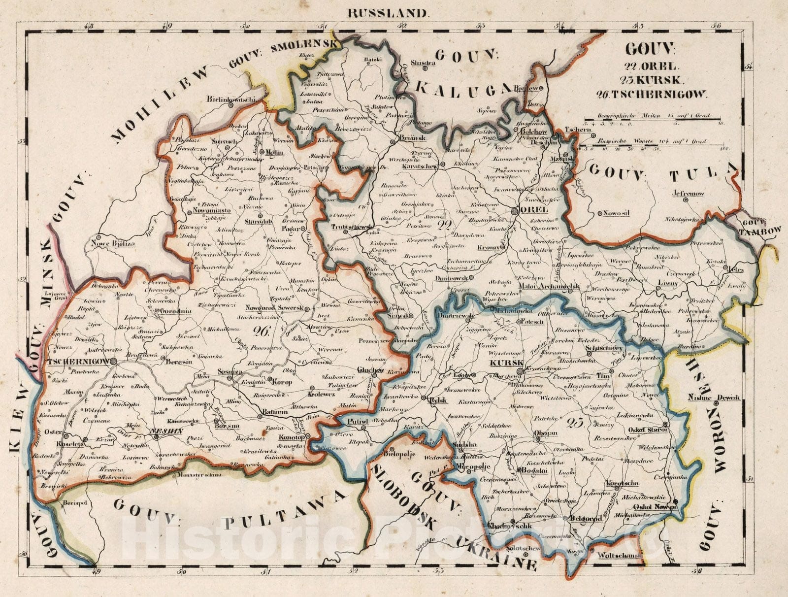 Historic Map : Russia, V.3:11-15:XIII. Russland. Gouv: 22. Orel. 23. Kursk. 26. Tschernigow 1829 , Vintage Wall Art
