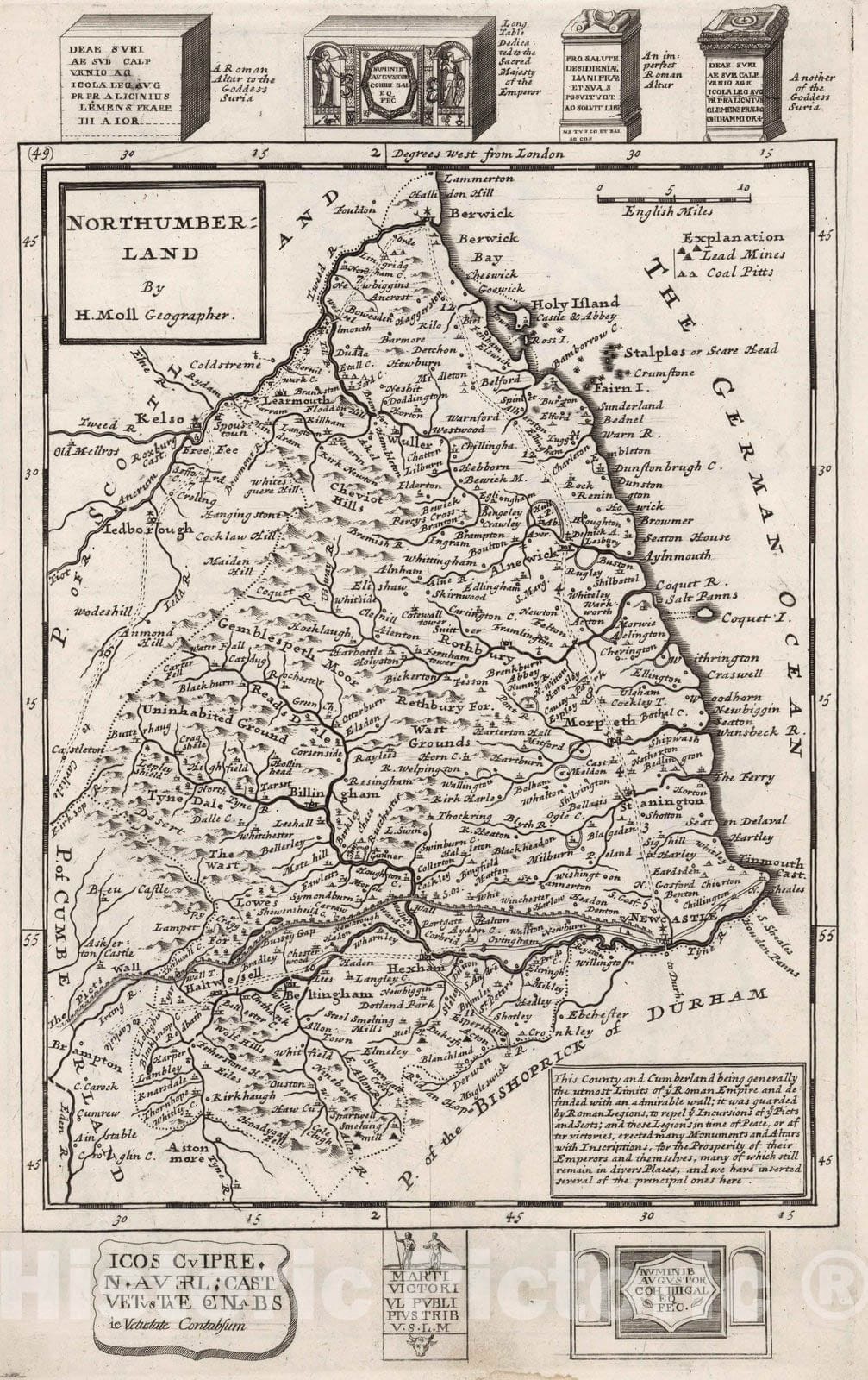 Historic Map : Northumberland. By H. Moll Geographer 1724 - Vintage Wall Art