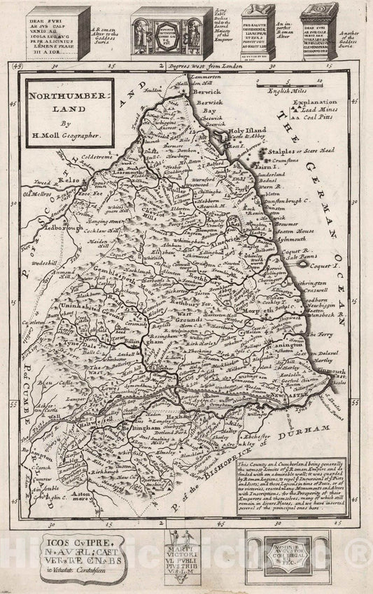Historic Map : Northumberland. By H. Moll Geographer 1724 - Vintage Wall Art