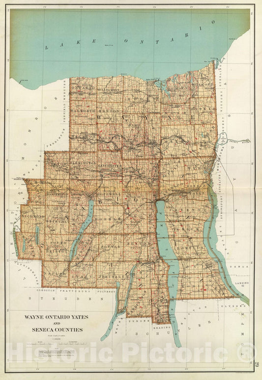 Historic Map : State Atlas Map, Wayne, Ontario, Yates, Seneca counties. 1895 - Vintage Wall Art