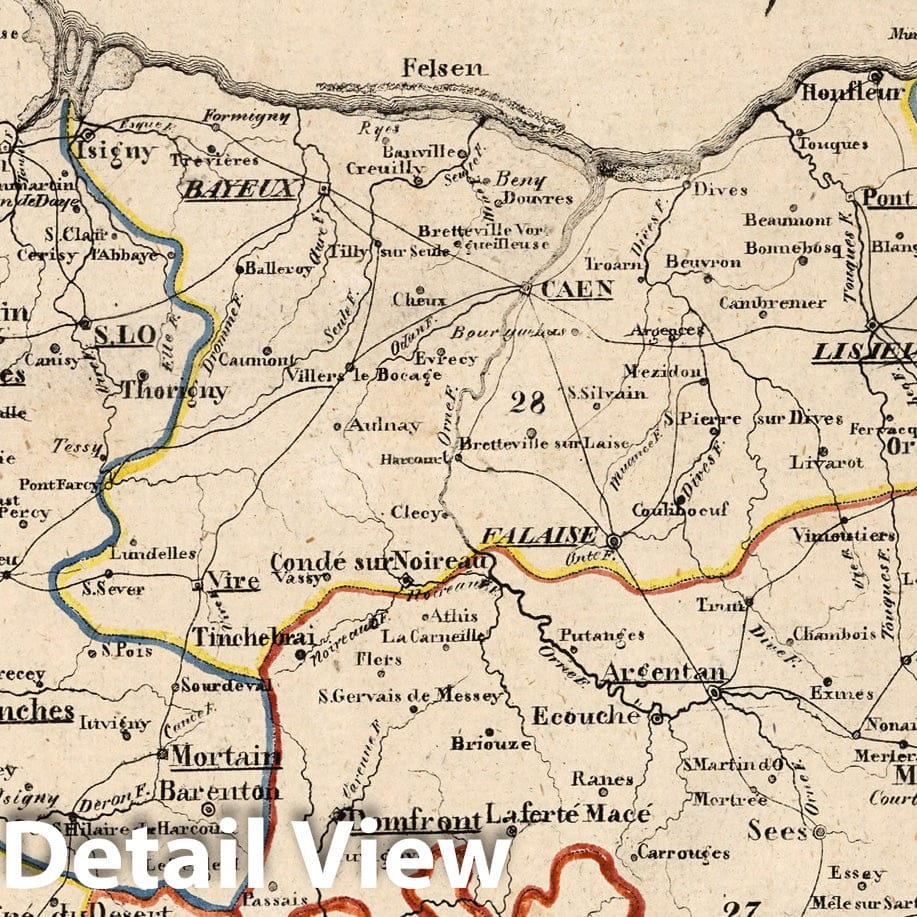 France - Orne, Calvados, Manche Departments, 1825 - Historical Map Print