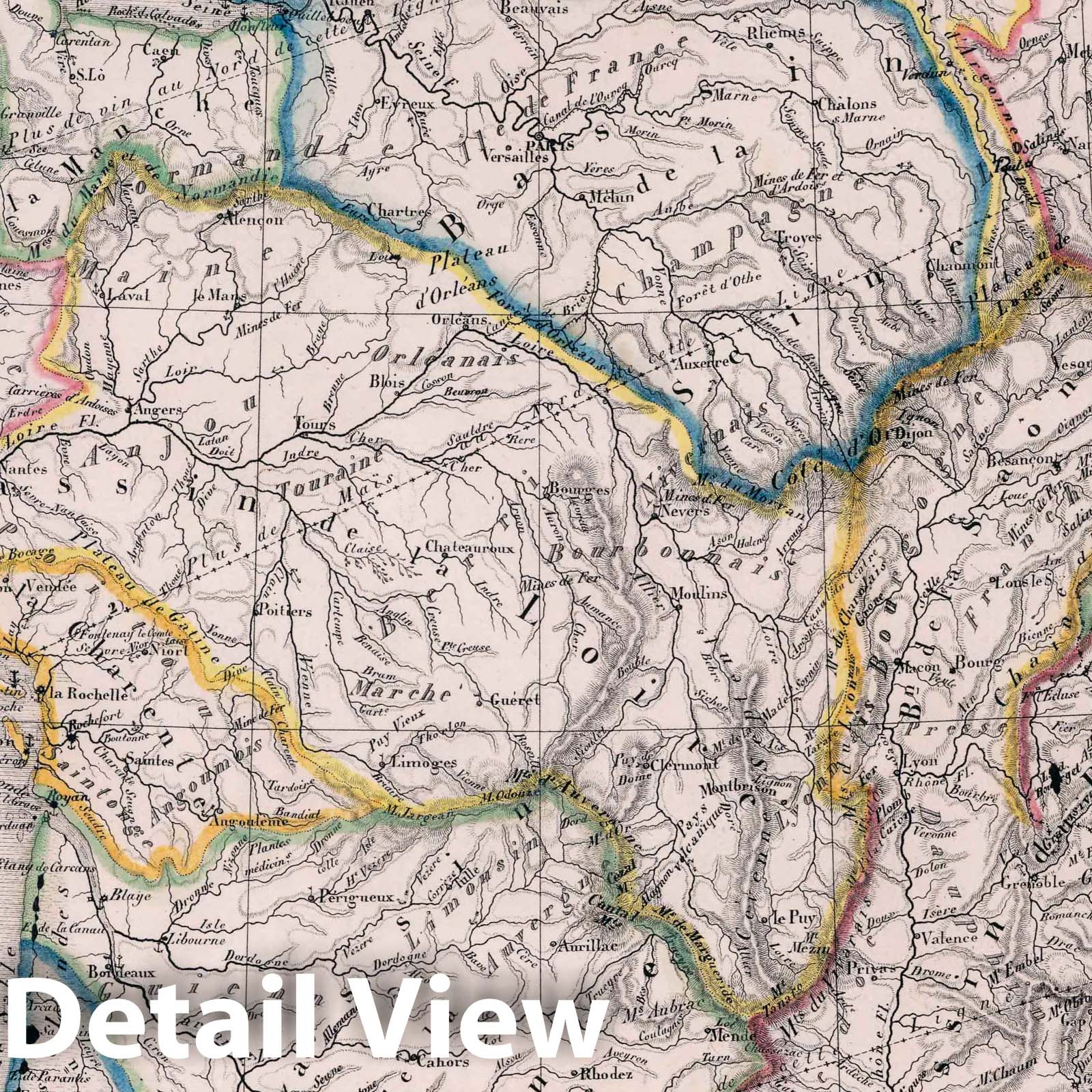 France and Switzerland - Physical Map, 1830 - Historical Map Print