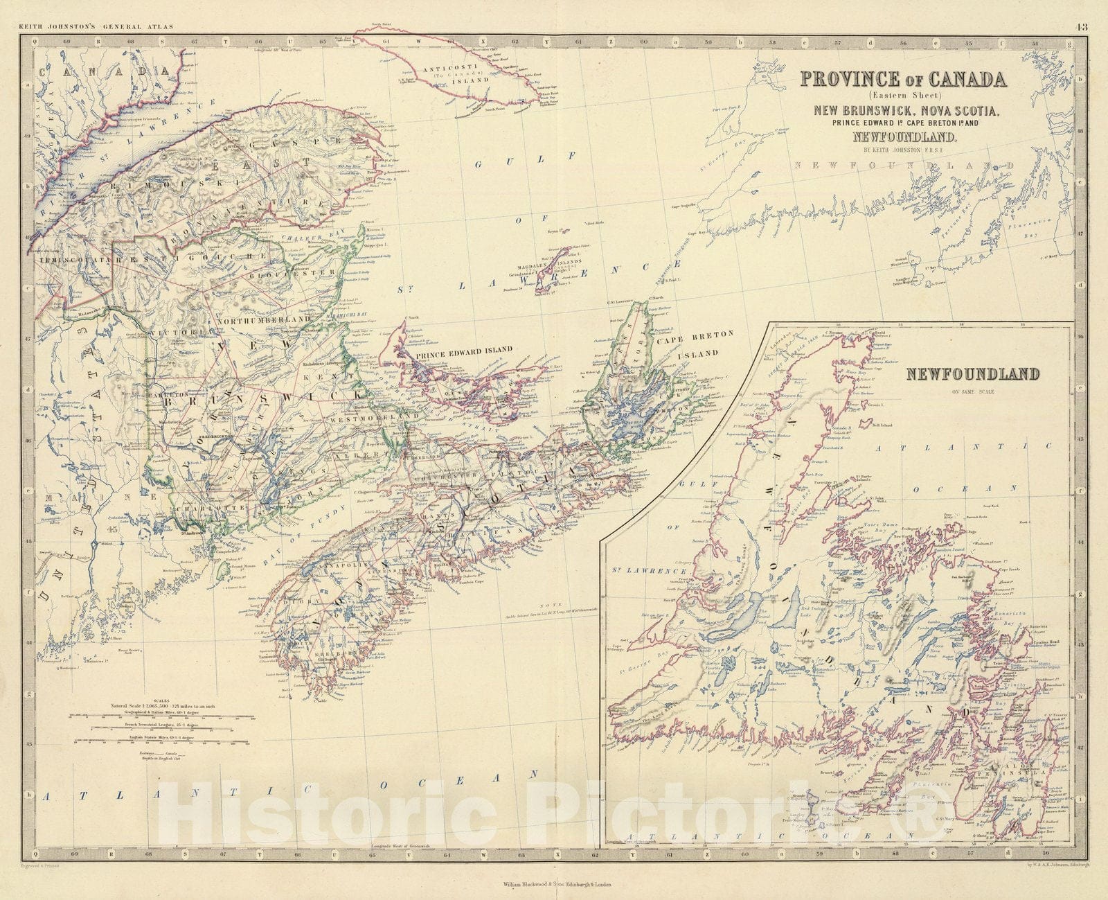 Canada, Eastern Sheet - New Brunswick, Nova Scotia, Prince Edward Island, Cape Breton Island, Newfoundland, 1861 Historical Map Print