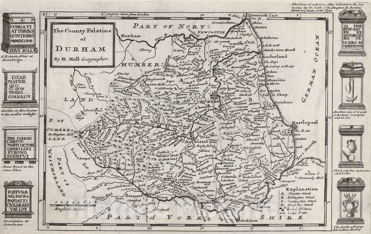 Historic Wall Map : The County Palatine of Durham. By H. Moll Geographer 1724 - Vintage Wall Art