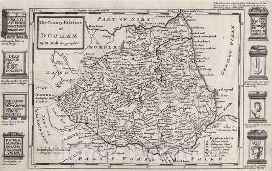Historic Wall Map : The County Palatine of Durham. By H. Moll Geographer 1724 - Vintage Wall Art