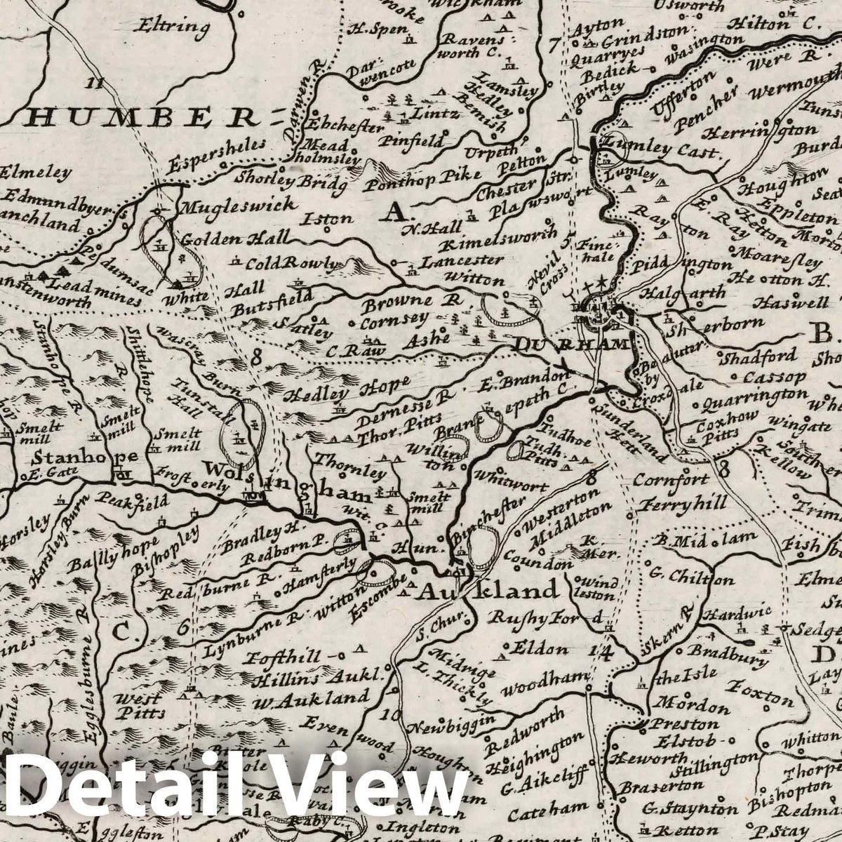 County Palatine of Durham, England - Road Map, 1724 - Herman Moll