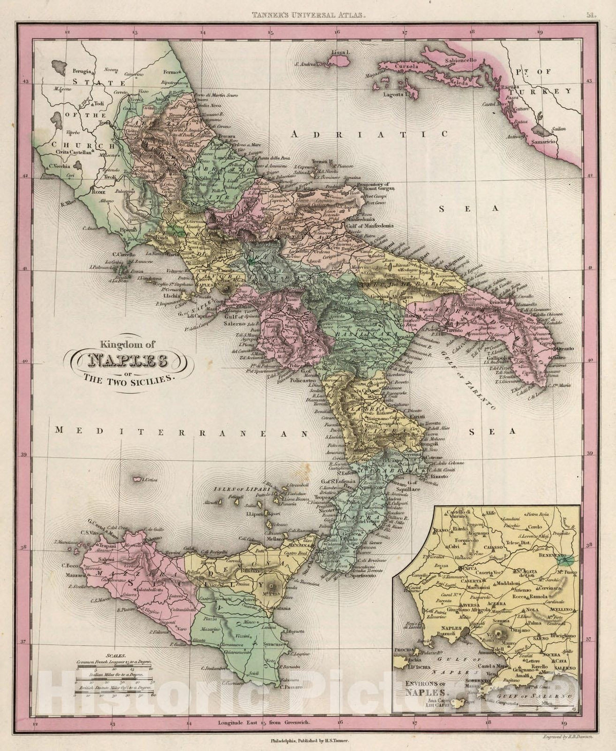 Historic Map : World Atlas Map, Kingdom of Naples or the Two Sicilies. 1836 - Vintage Wall Art