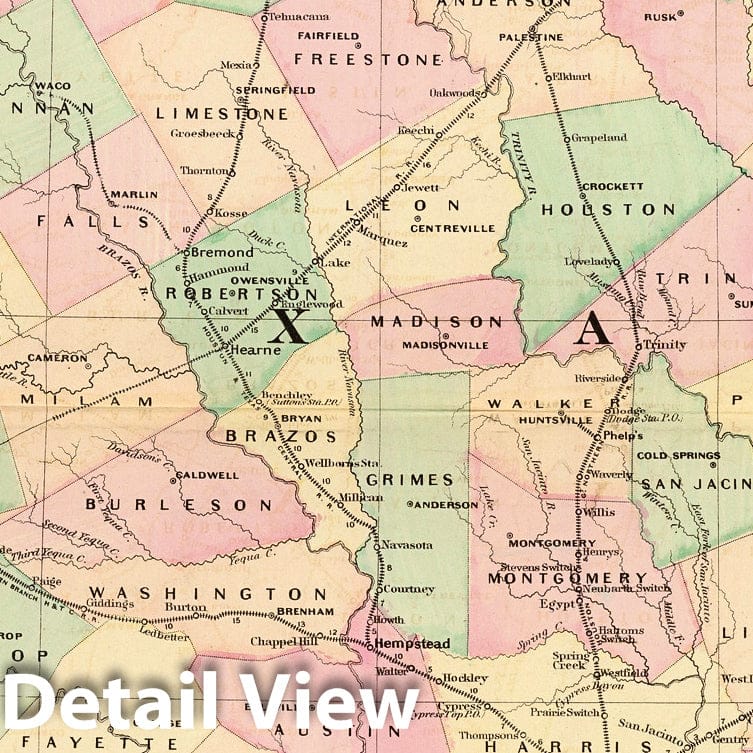 Texas, Eastern Portion - Railroad Map, 1874 - Historical Map Print