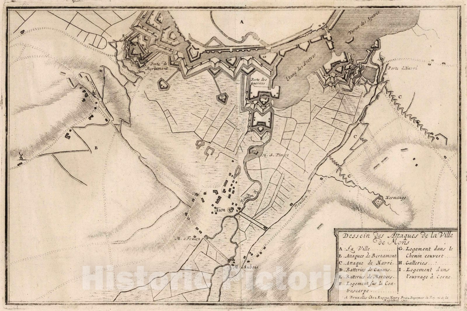Historic Map : Mons , Belgium46. Attaques de Mons, Belgium. 1709. 1709 , Vintage Wall Art