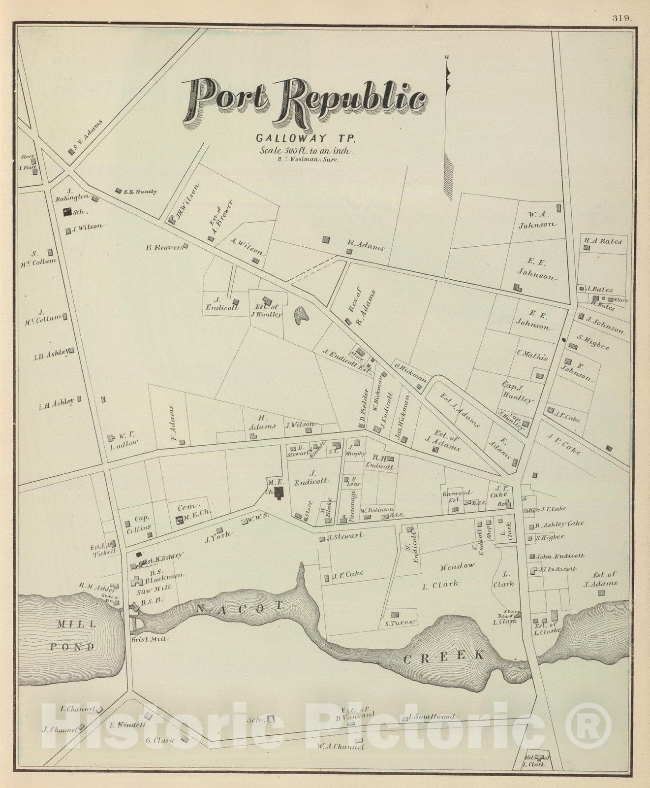 Historic Map : State Atlas Map, Port Republic, Galloway Tp. 1878 - Vintage Wall Art