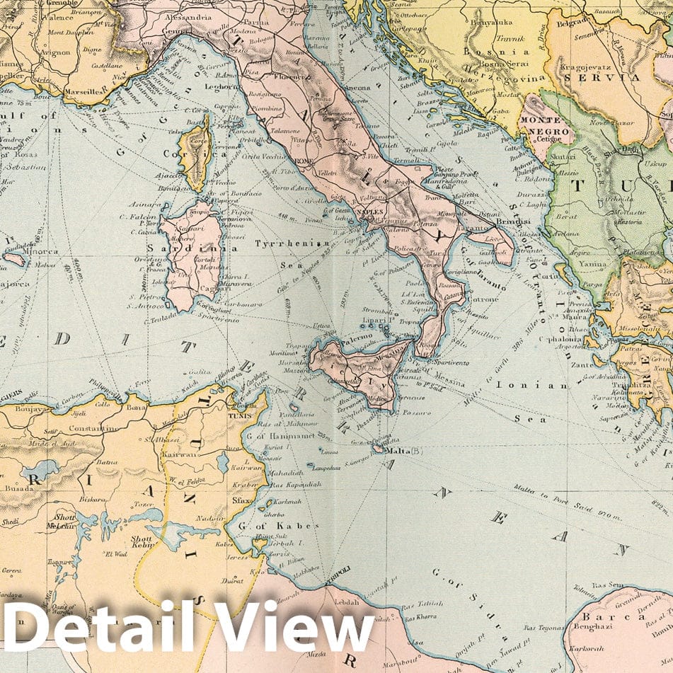 Mediterranean and Adjacent Countries - Road Map, 1891 - Historical Map Print