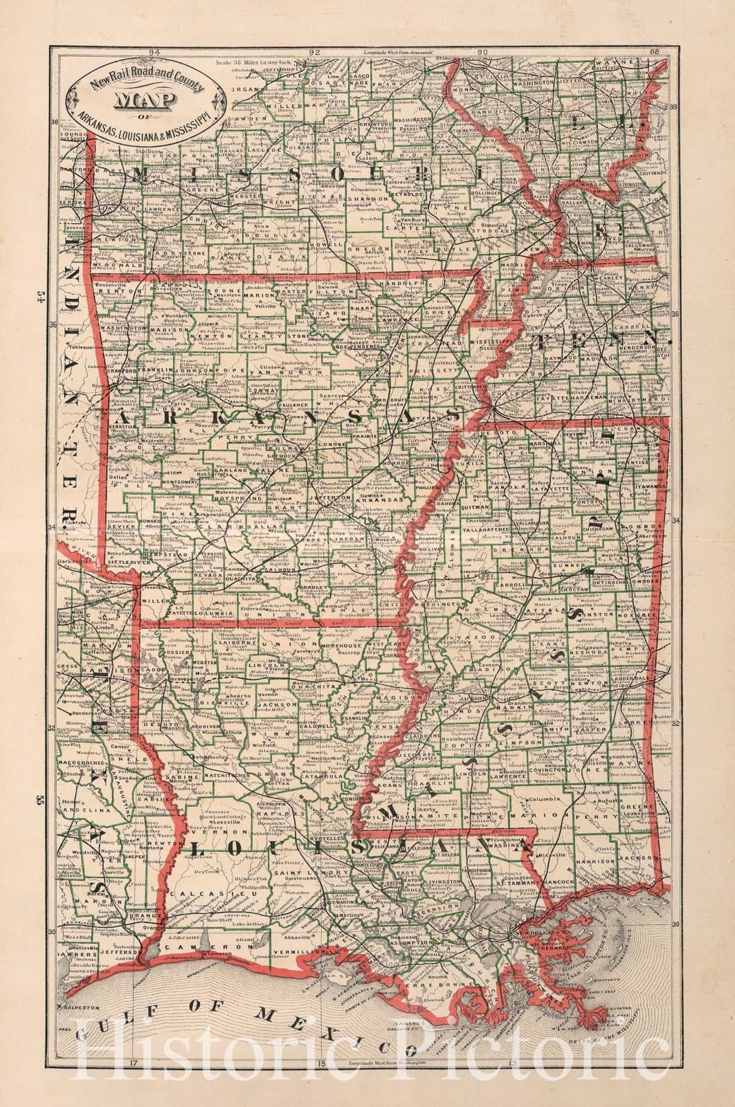 Arkansas, Louisiana, and Mississippi - Railroad Map, 1883