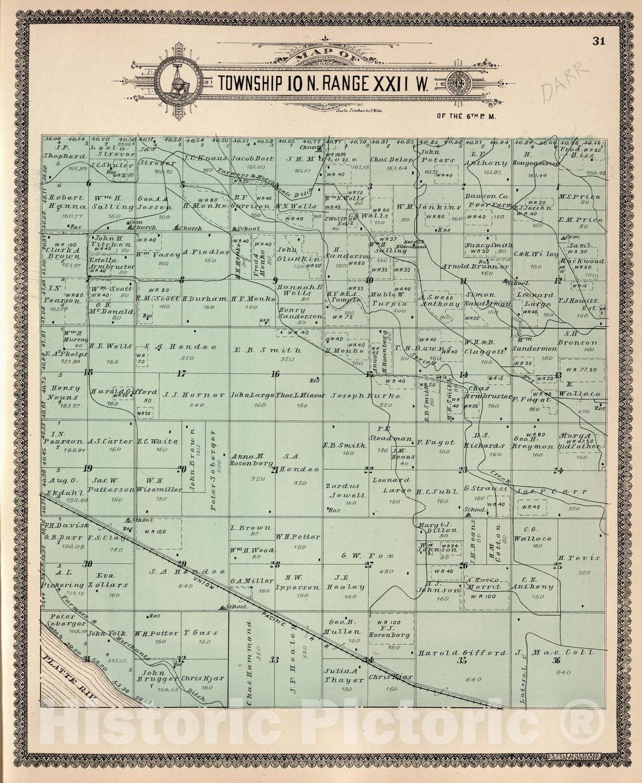 Historic Map : Dawson County Nebraska, County Atlas Map, Township 10 N. Range XXII W. 1904 - Vintage Wall Art