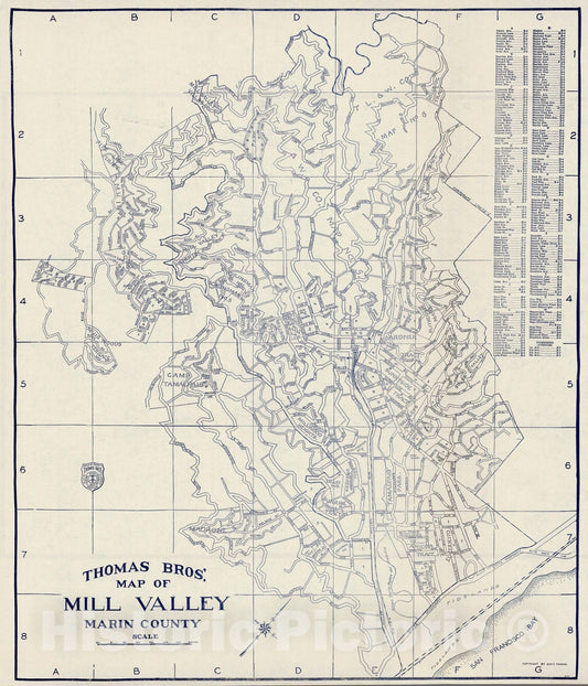 Historic Map - Thomas Bros.', Map of Mill Valley, Marin County, California, 1938 - Vintage Wall Art